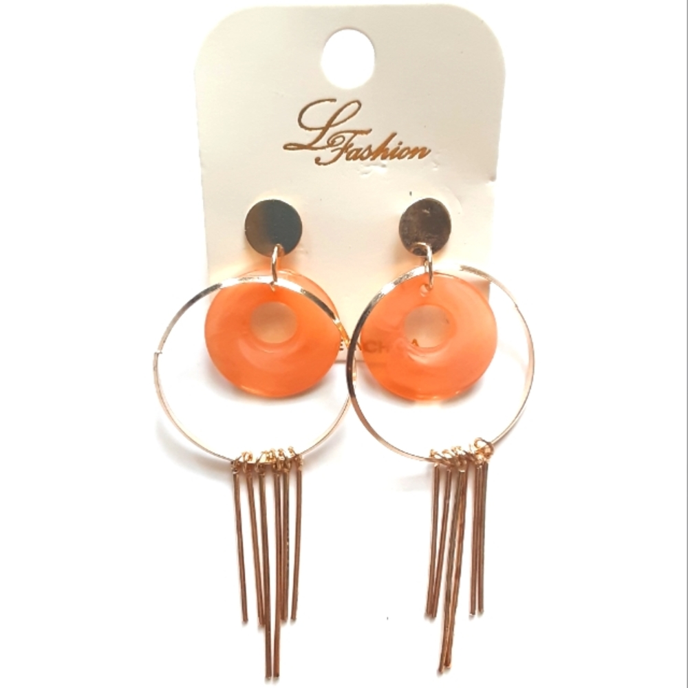 L Fashion Orange Circle & Gold Dangle Earrings
